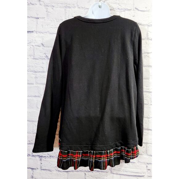 Loft Black Red Plaid Ruffled Hem Top M Faux Button Side Details Round Neck - Picture 4 of 6
